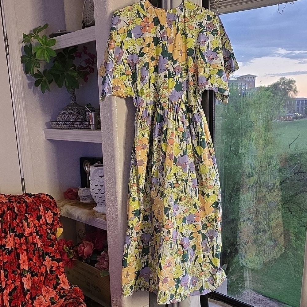 ASOS Vintage Floral Midi Cotton Dress - Yellow and Purple Relaxed Fit Size 2